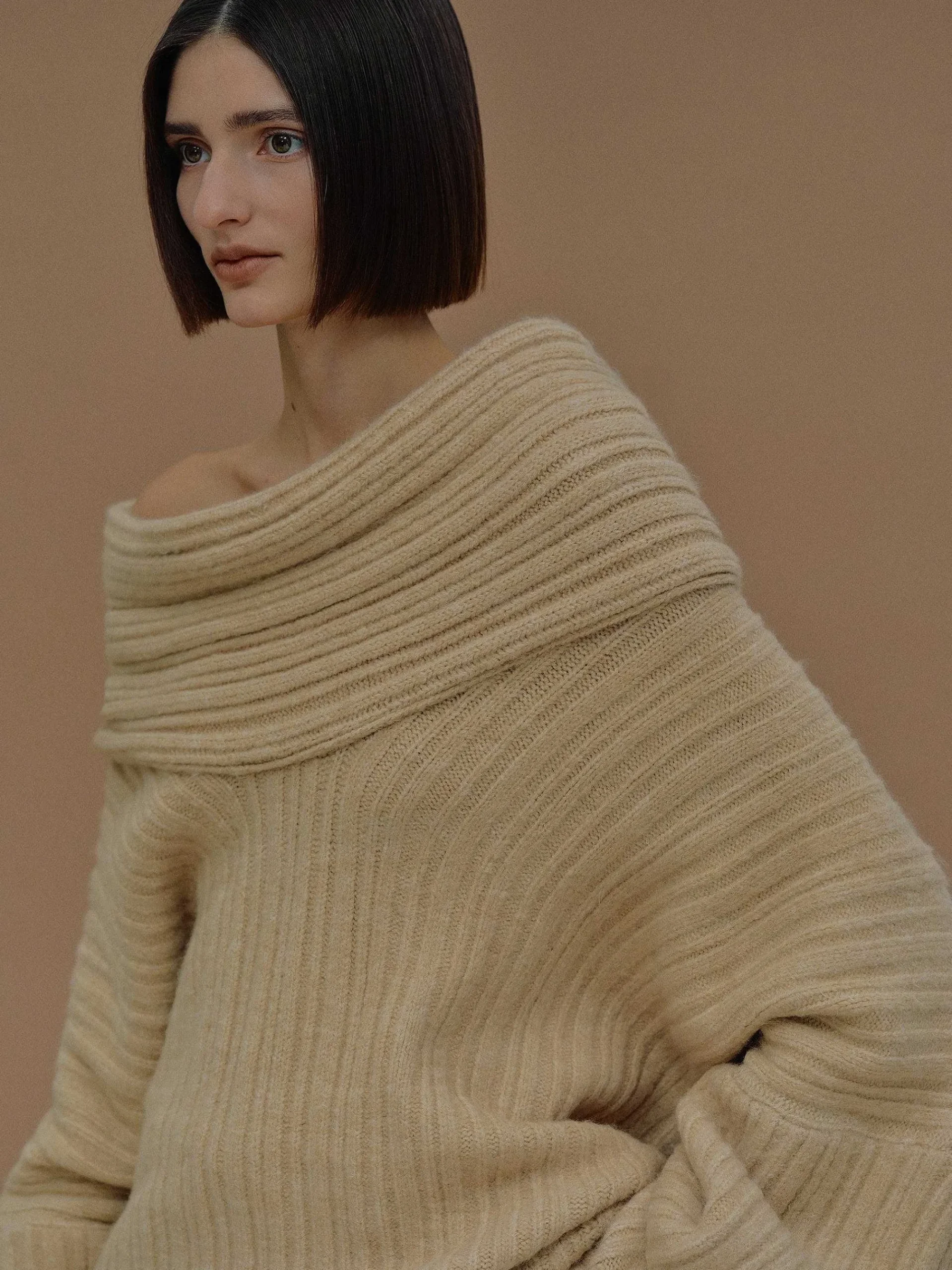 Source Unknown Accessoires-Becca Pull Surdimensionne En Tricot A Rouleau Haut, Beurre