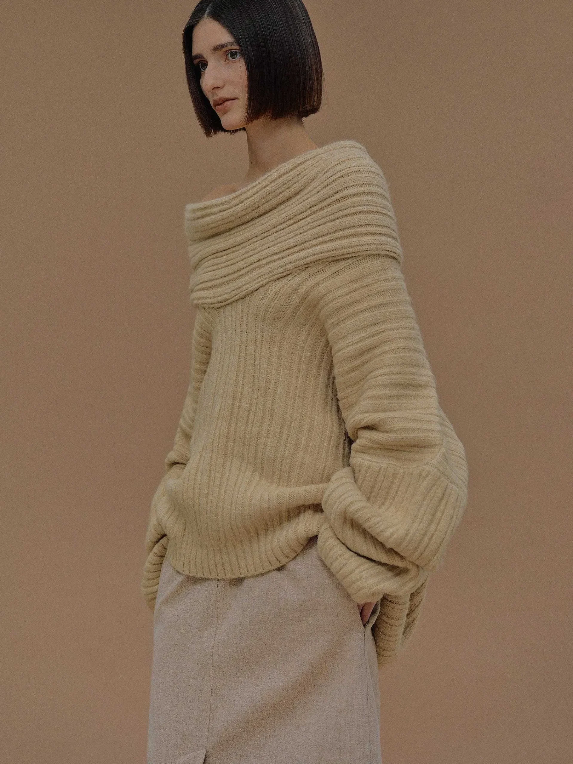 Source Unknown Accessoires-Becca Pull Surdimensionne En Tricot A Rouleau Haut, Beurre