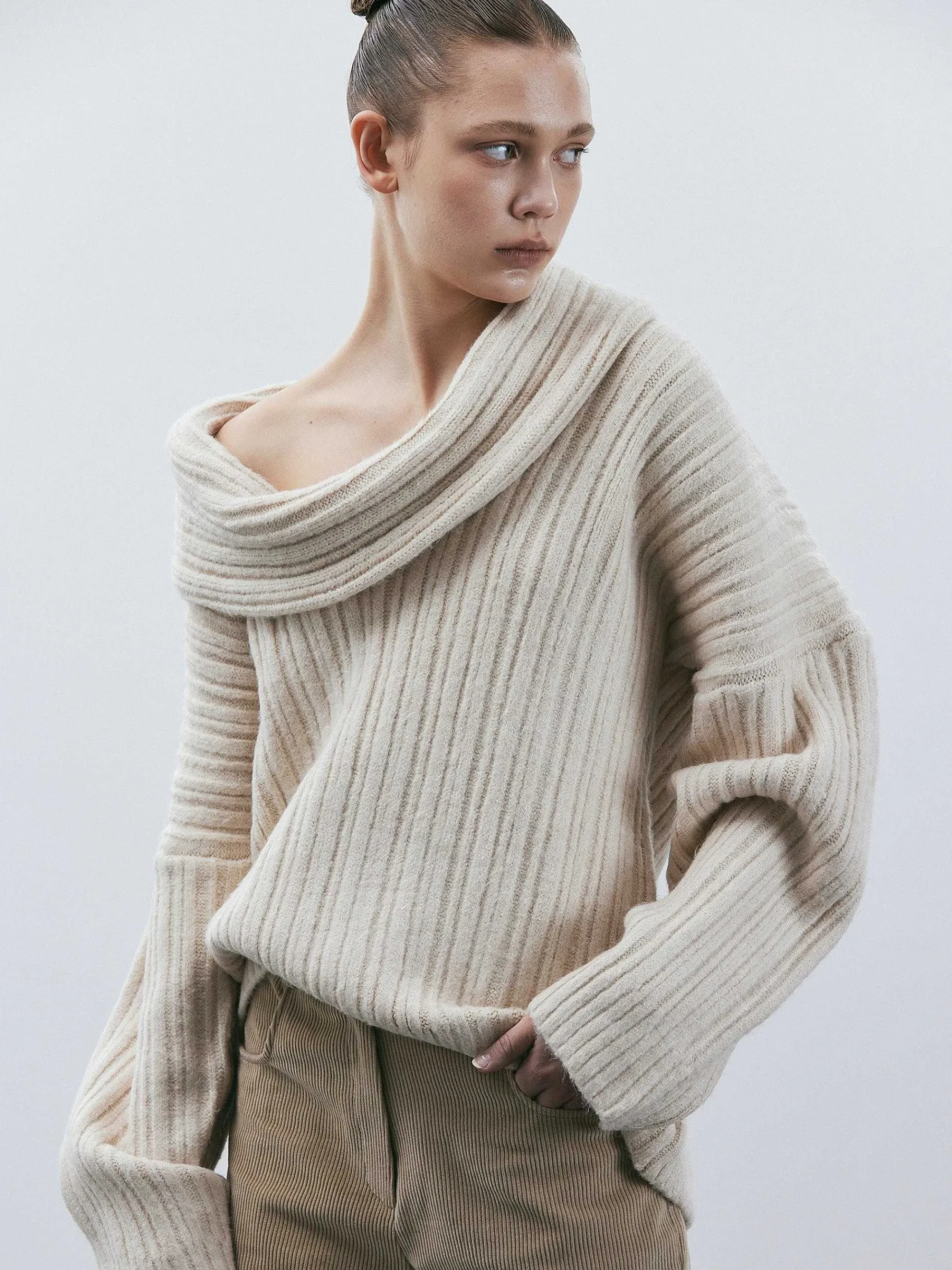 Source Unknown Accessoires-Becca Pull Surdimensionne En Tricot A Rouleau Haut, Bouleau