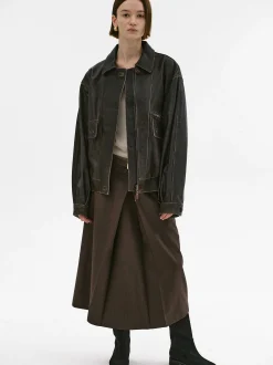 Source Unknown Accessoires-Blouson Aviateur En Cuir D'Agneau Delave Geva, Marron