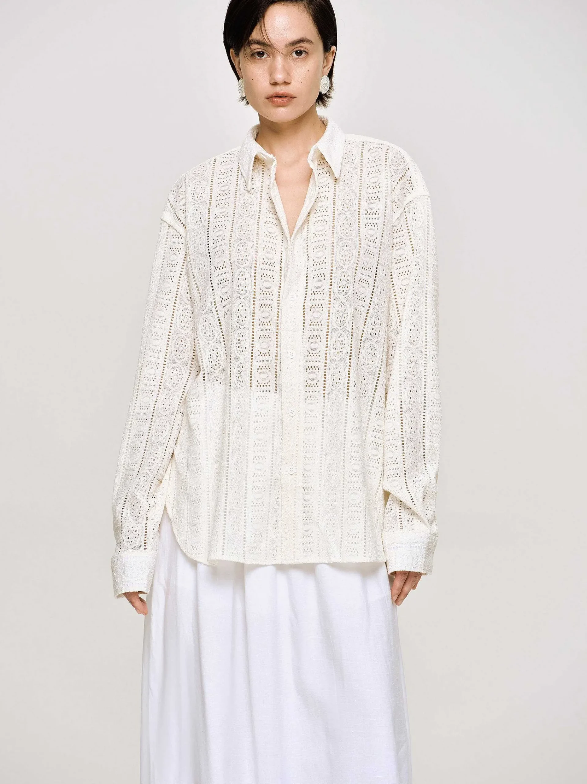 Source Unknown Accessoires-Chemise Boutonnee Surdimensionnee En Pointelle, Ivoire