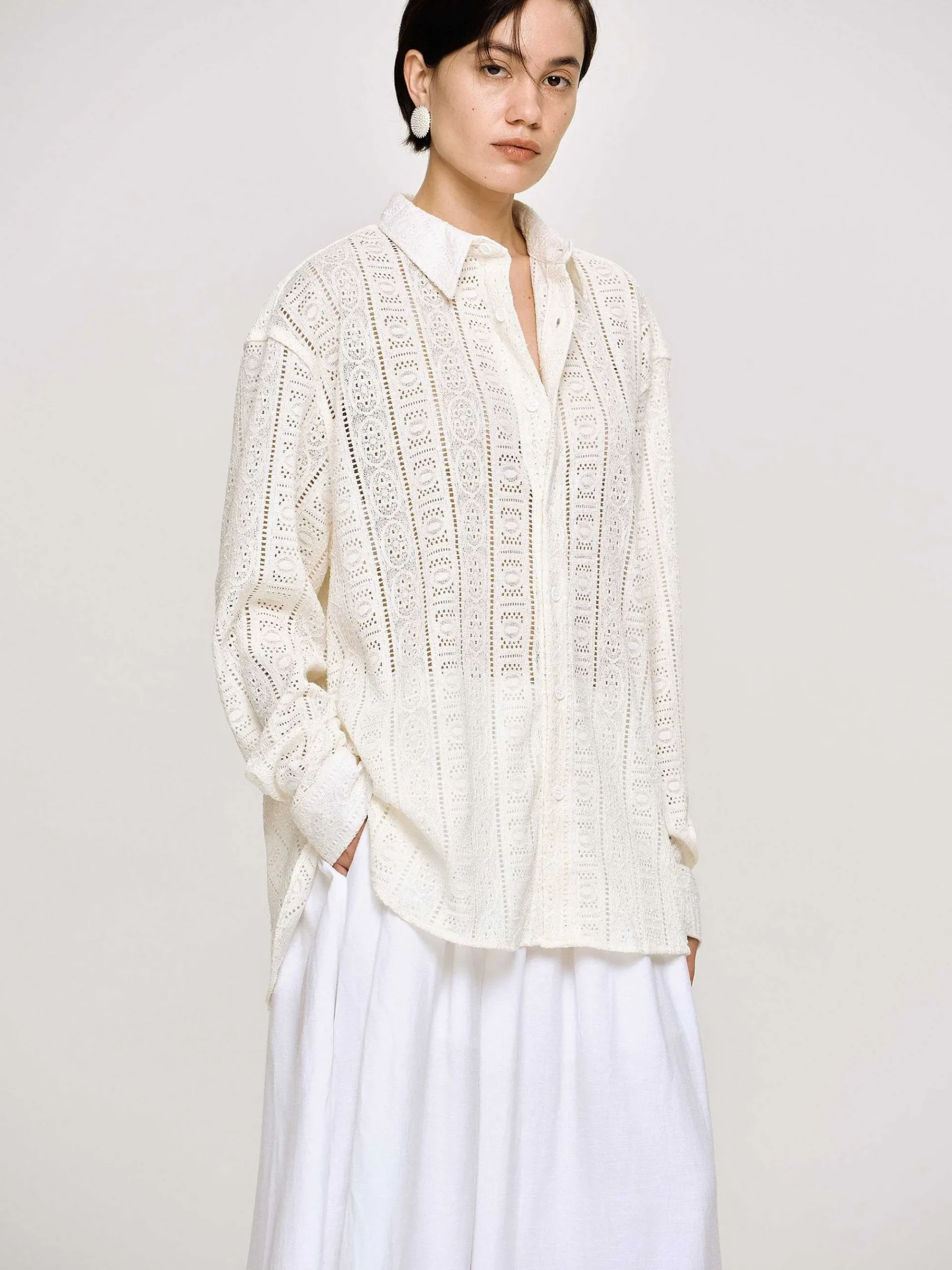 Source Unknown Accessoires-Chemise Boutonnee Surdimensionnee En Pointelle, Ivoire