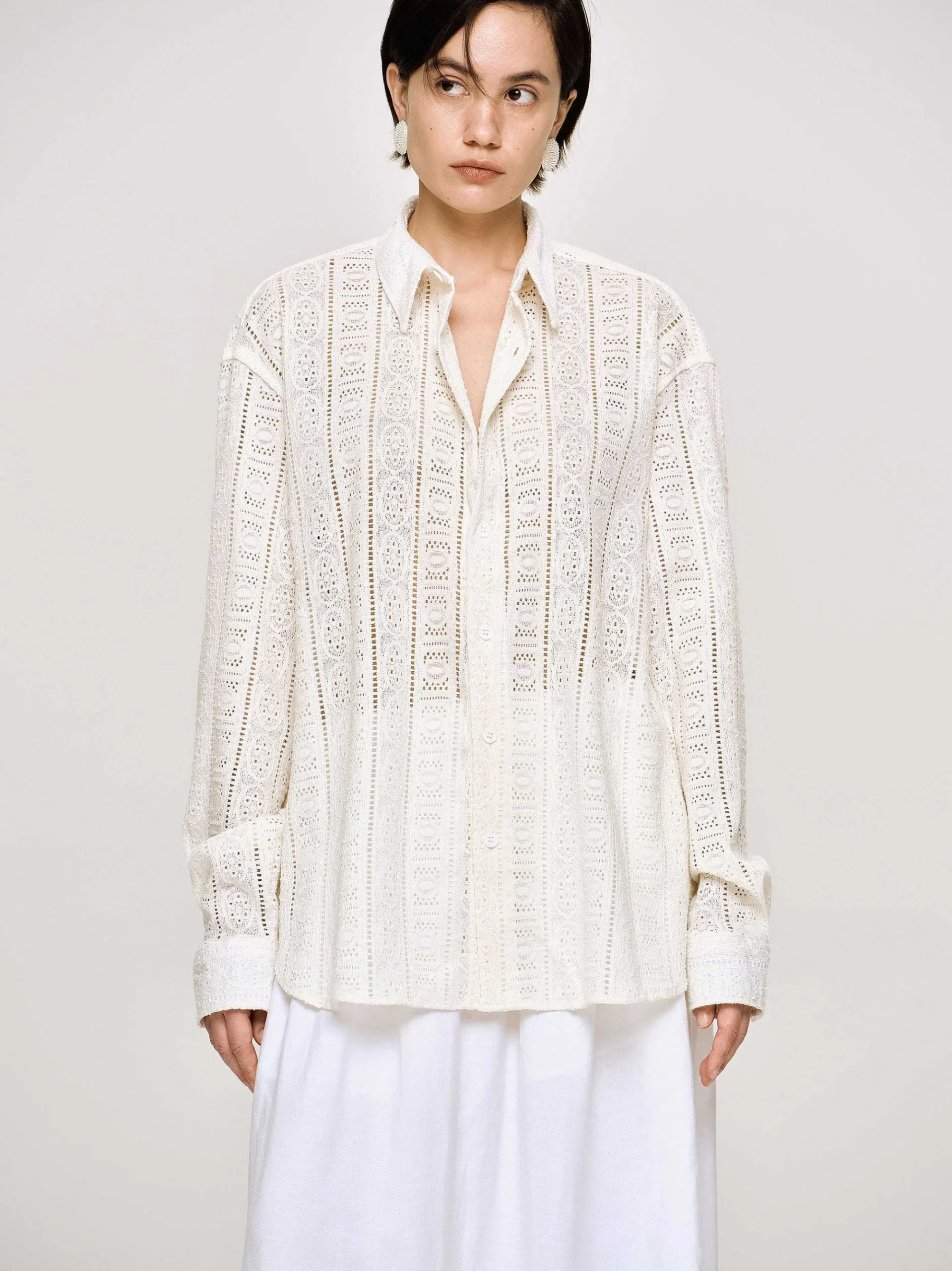 Source Unknown Accessoires-Chemise Boutonnee Surdimensionnee En Pointelle, Ivoire