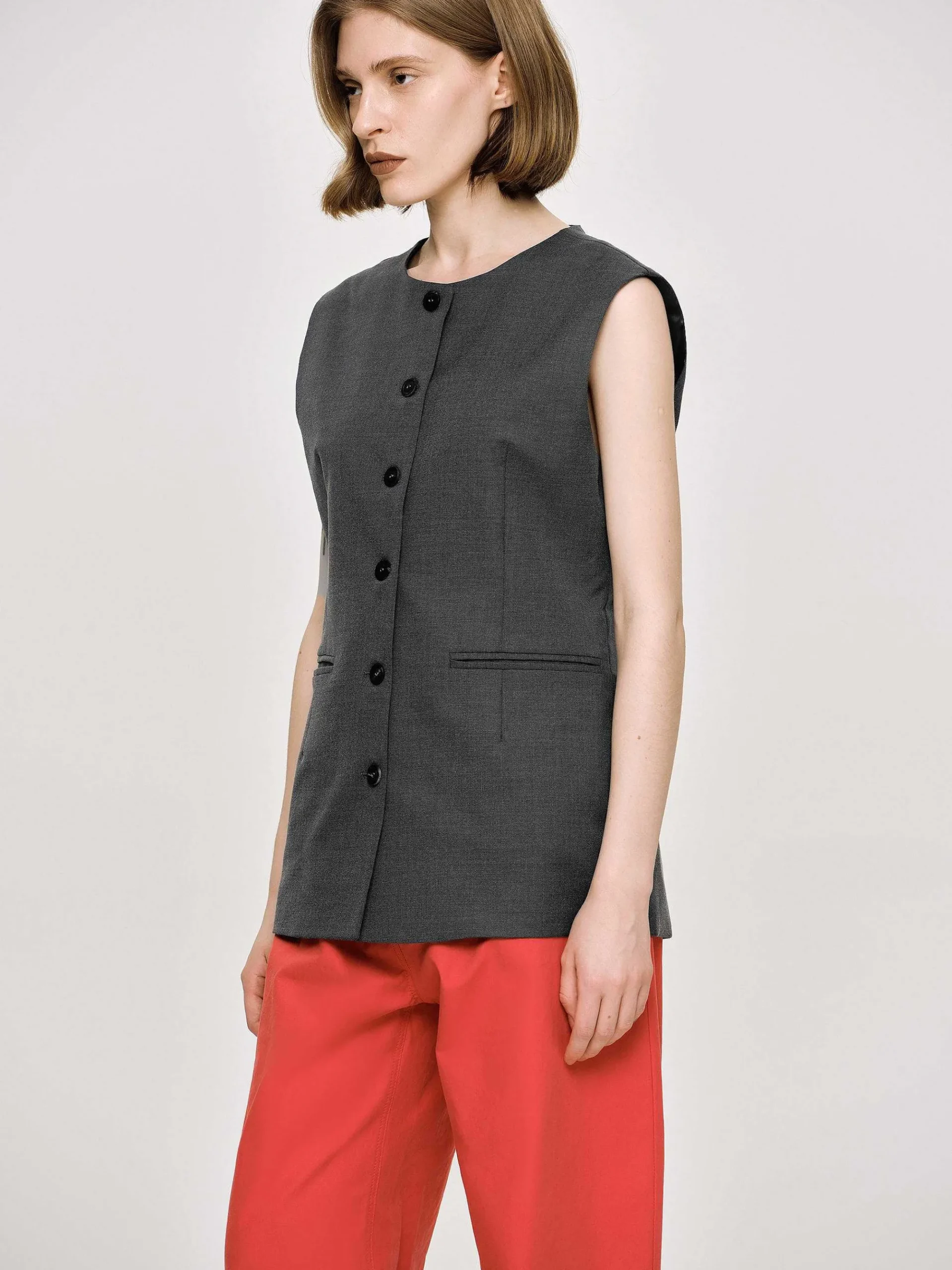 Source Unknown Vêtements-Gilet Long Boutonne, Melange De Charbon De Bois
