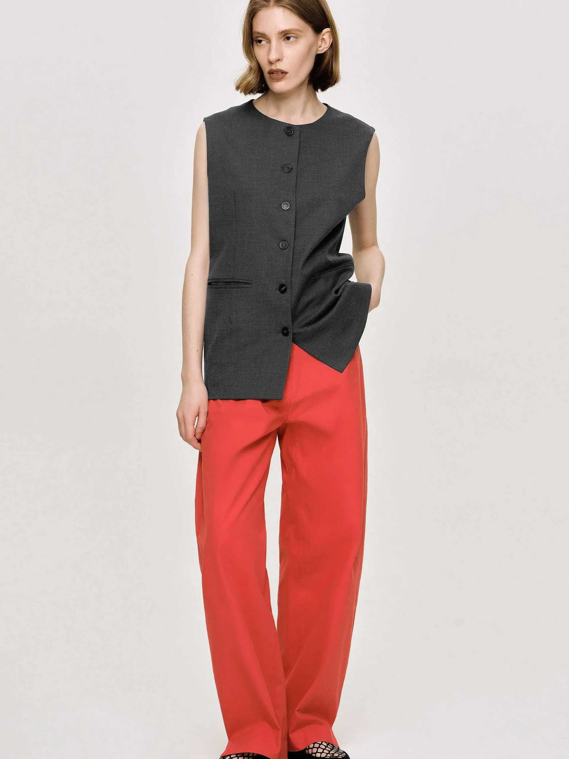 Source Unknown Hauts-Gilet Long Boutonne, Melange De Charbon De Bois