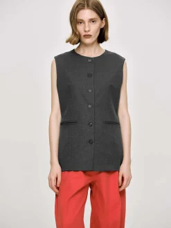 Source Unknown Hauts-Gilet Long Boutonne, Melange De Charbon De Bois
