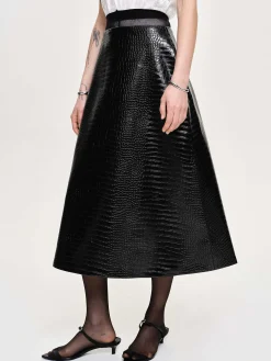 Source Unknown Vêtements-Jupe Mi-Longue Gaufree Croco, Noir