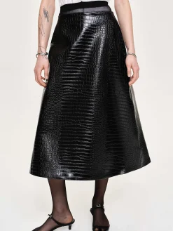 Source Unknown Vêtements-Jupe Mi-Longue Gaufree Croco, Noir
