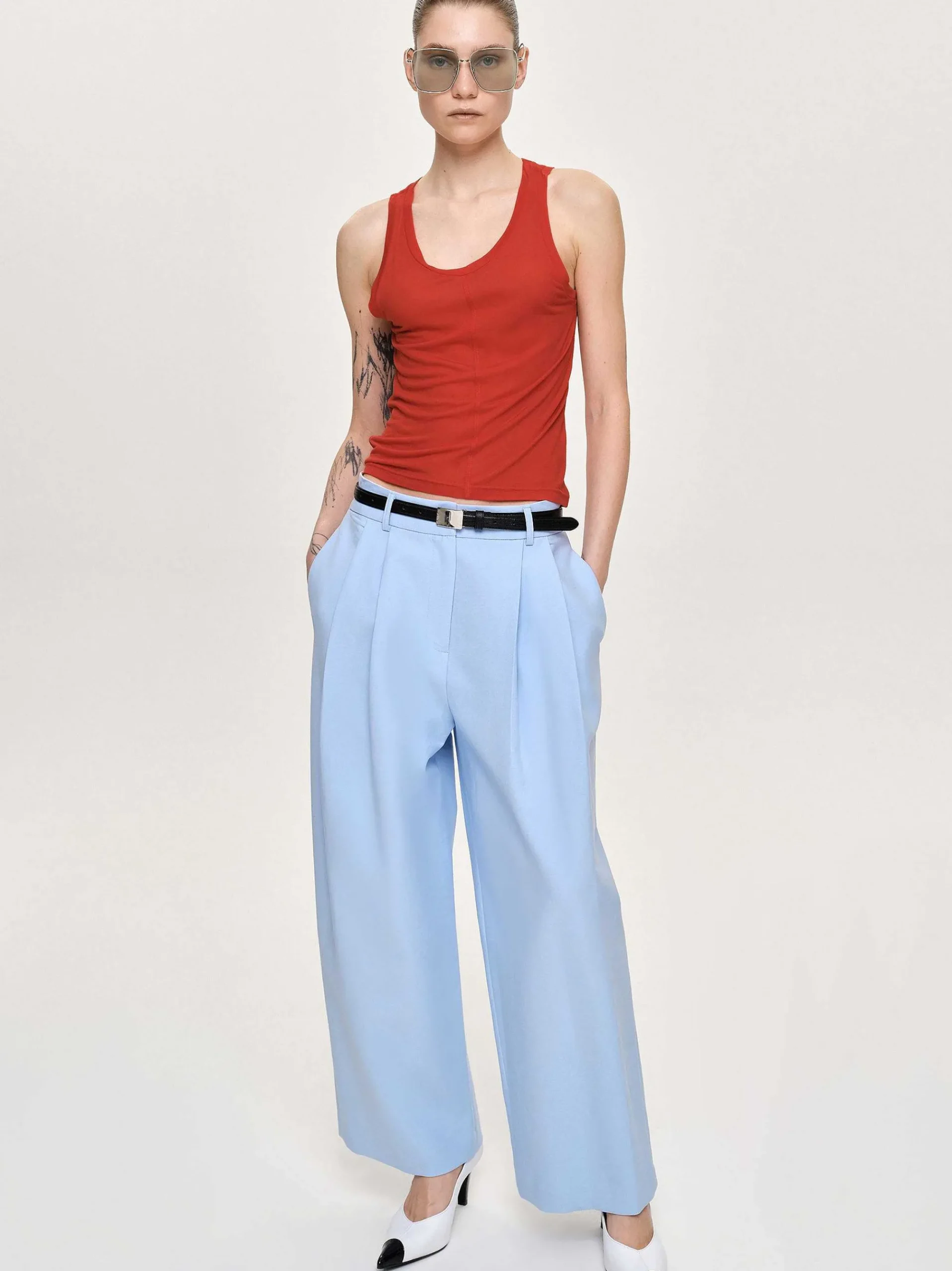 Source Unknown Vêtements-Pantalon Plisse A Jambe Large, Bleu Glacier