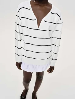 Source Unknown Vêtements-Pull Col V Profond, Rayures Blanches