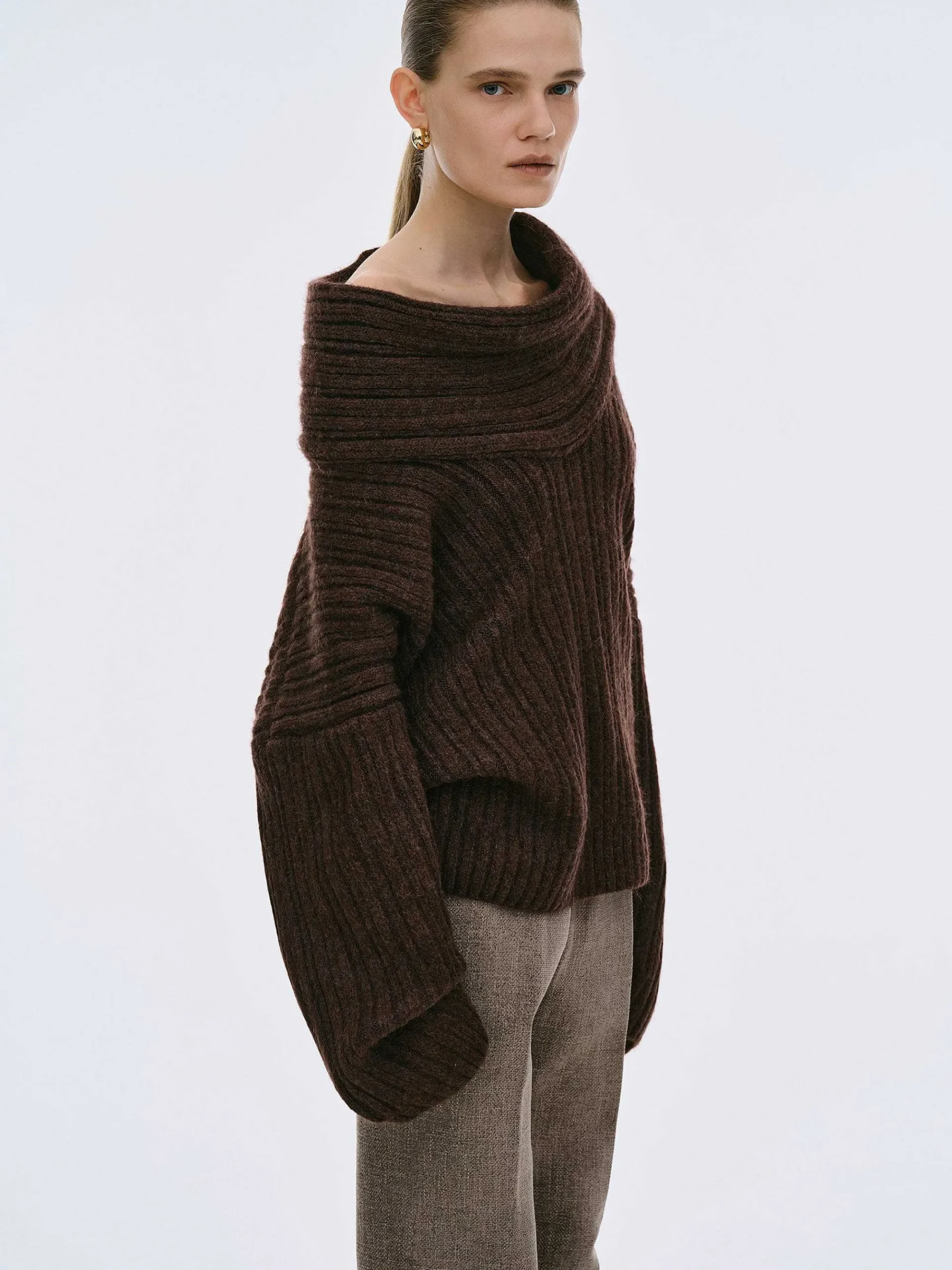 Source Unknown Accessoires-Pull Surdimensionne En Tricot A Rouleau Eleve Becca, Chocolat