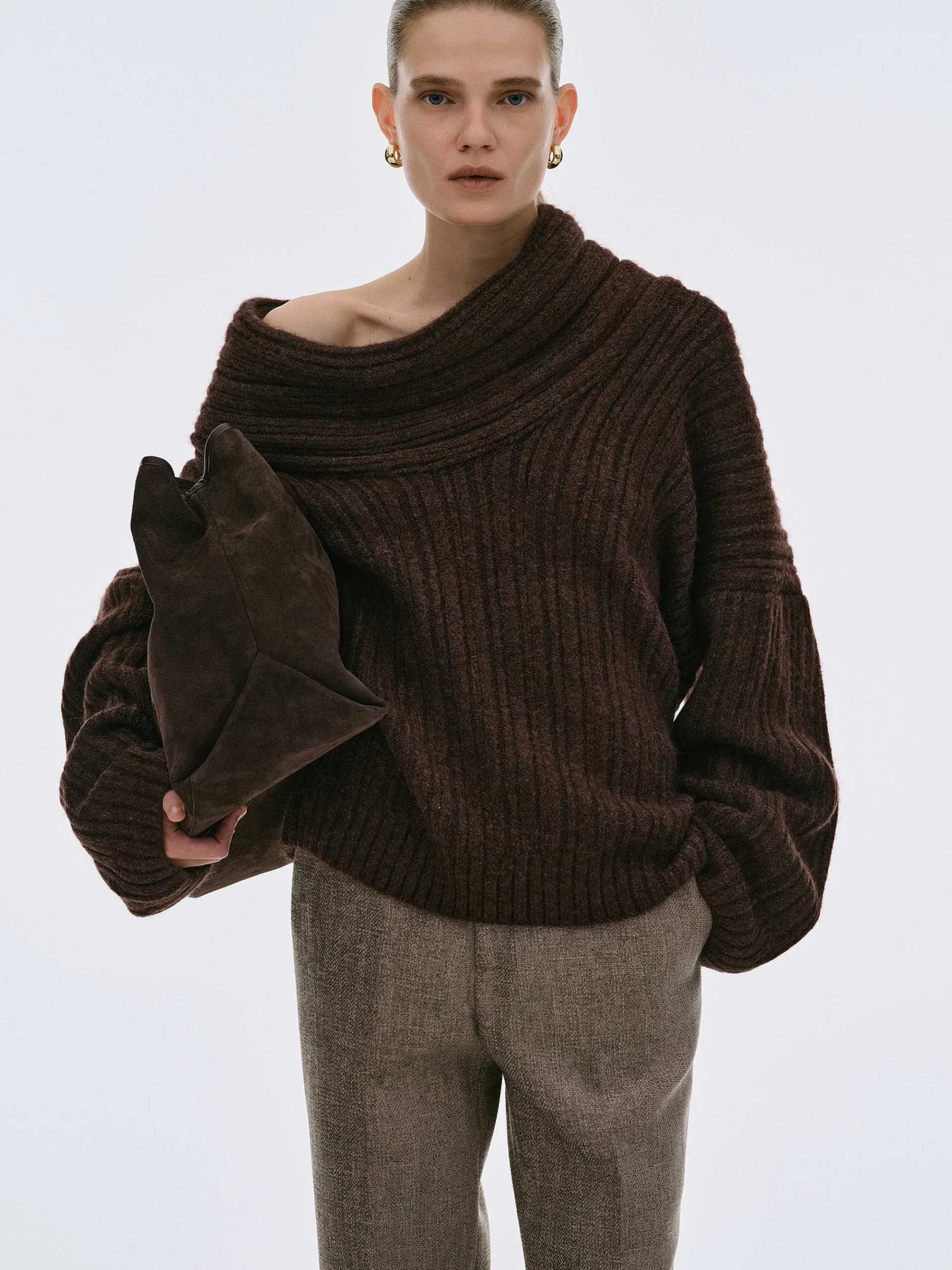Source Unknown Accessoires-Pull Surdimensionne En Tricot A Rouleau Eleve Becca, Chocolat