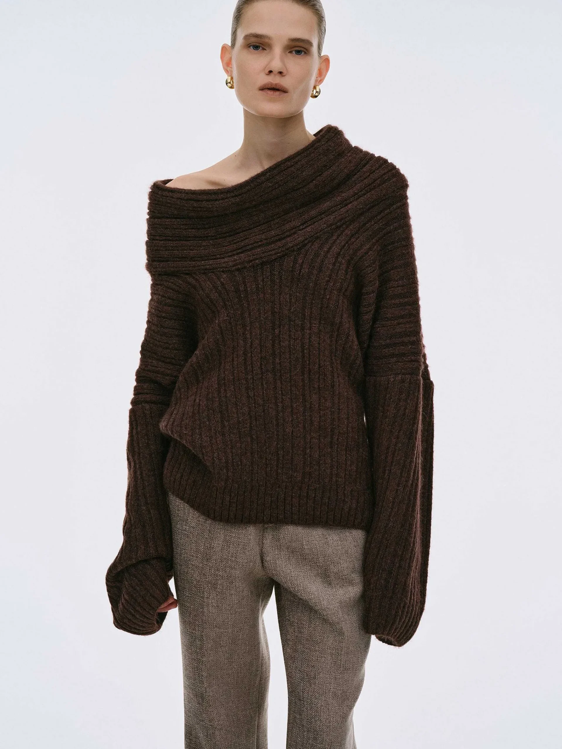 Source Unknown Accessoires-Pull Surdimensionne En Tricot A Rouleau Eleve Becca, Chocolat