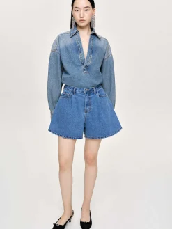 Source Unknown Jean-Short En Jean Evase, Bleu Moyen