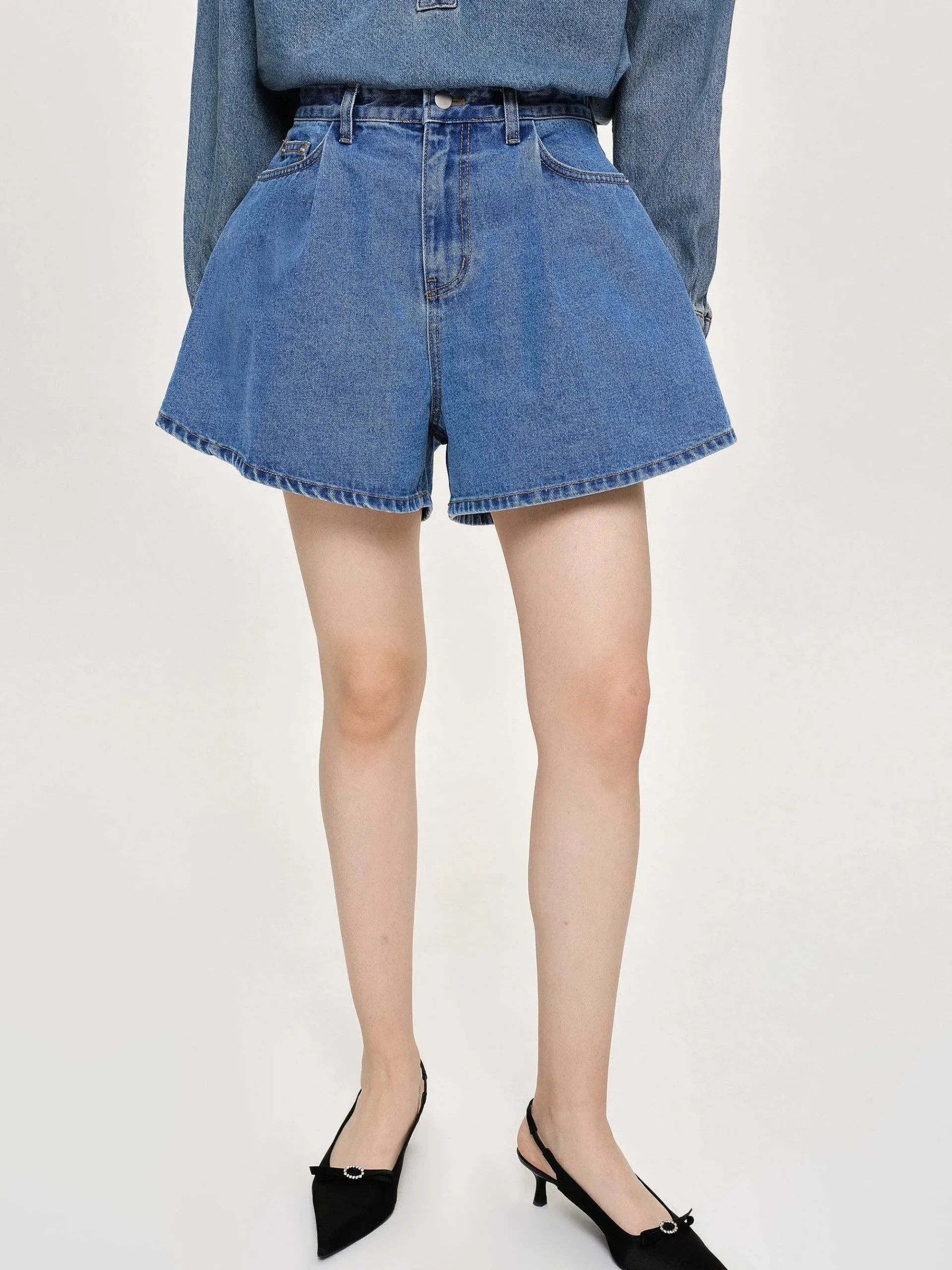 Source Unknown Jean-Short En Jean Evase, Bleu Moyen
