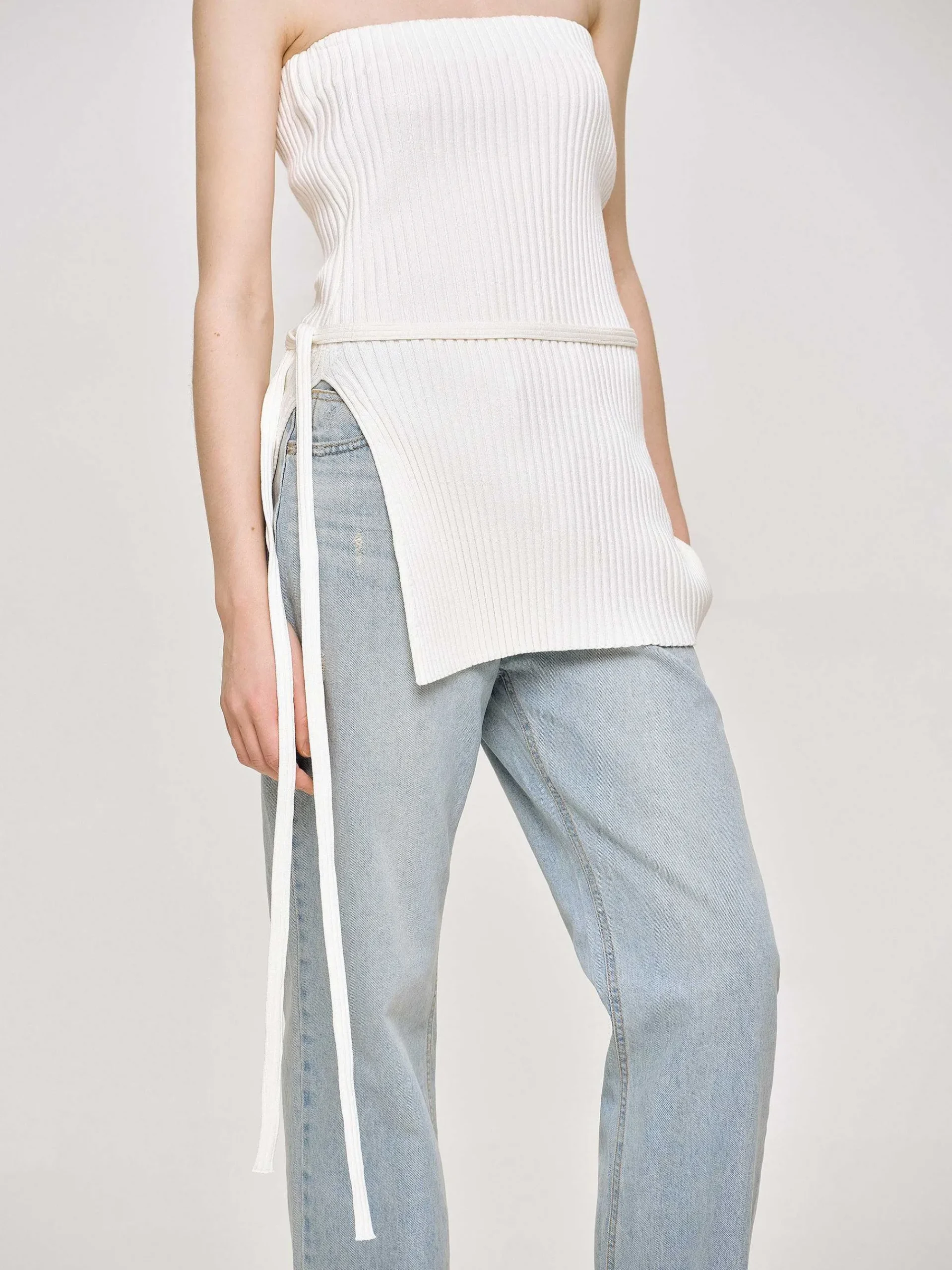 Source Unknown Vêtements-Tricot Cotele Long Fendu, Blanc