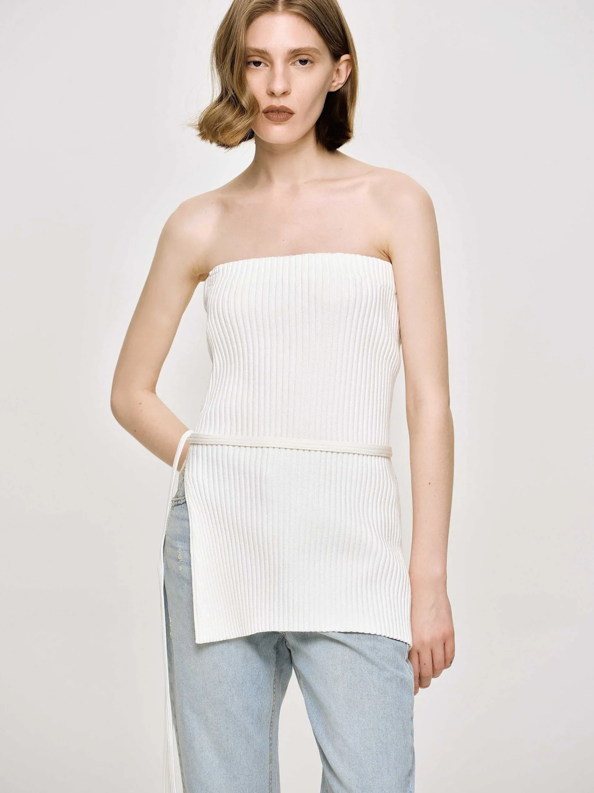 Source Unknown Vêtements-Tricot Cotele Long Fendu, Blanc