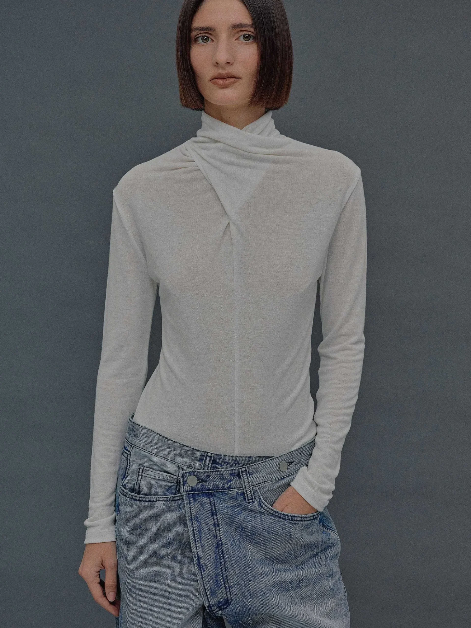 Source Unknown Vêtements-T-Shirt En Laine A Col Croise Daye, Blanc