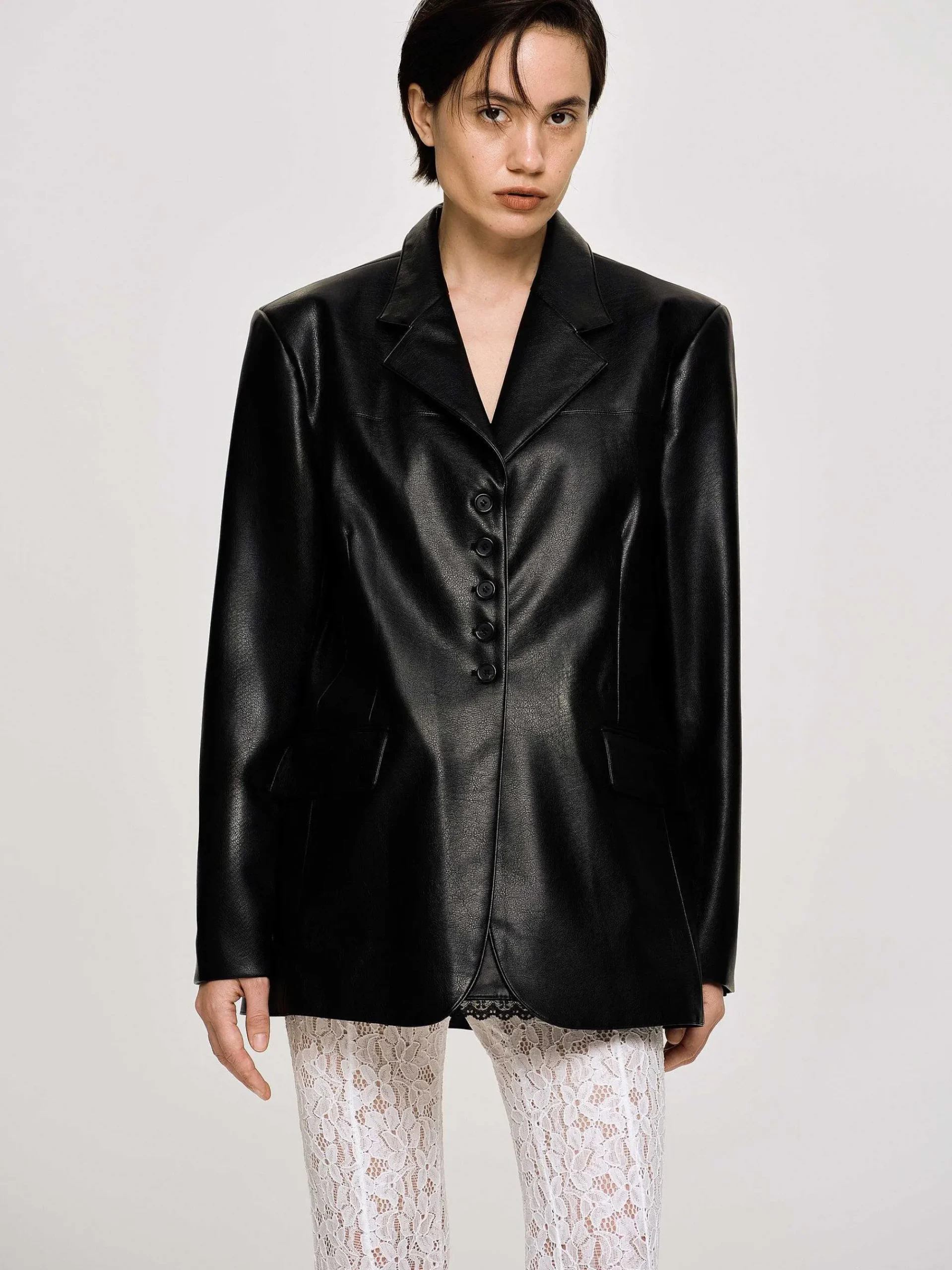 Source Unknown Vêtements D'Exterieur-Veste Boutonnee En Similicuir, Noir