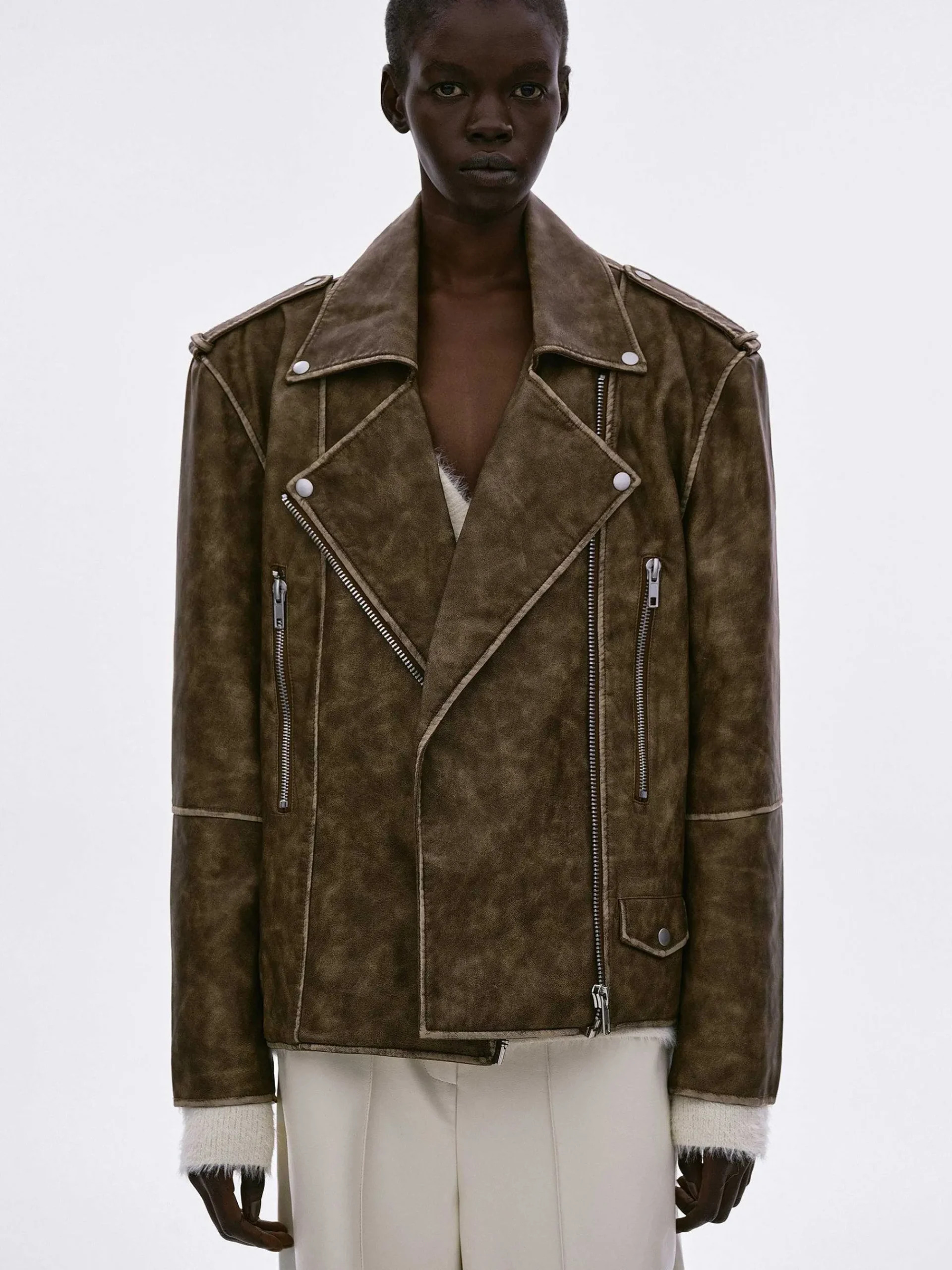Source Unknown Accessoires-Veste De Motard En Similicuir Bianca, Marron Delave