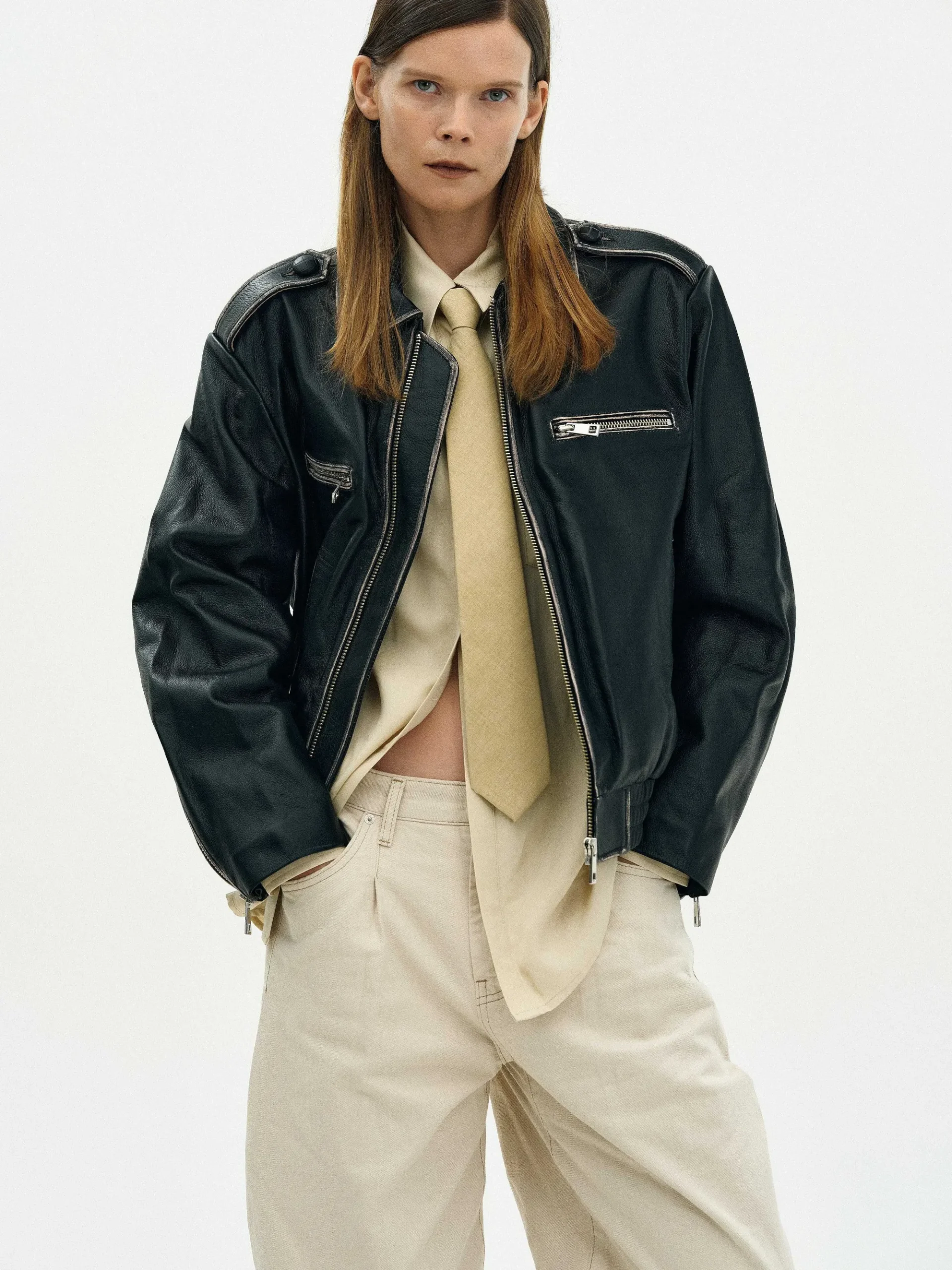Source Unknown Vêtements-Veste En Cuir Delave, Noir