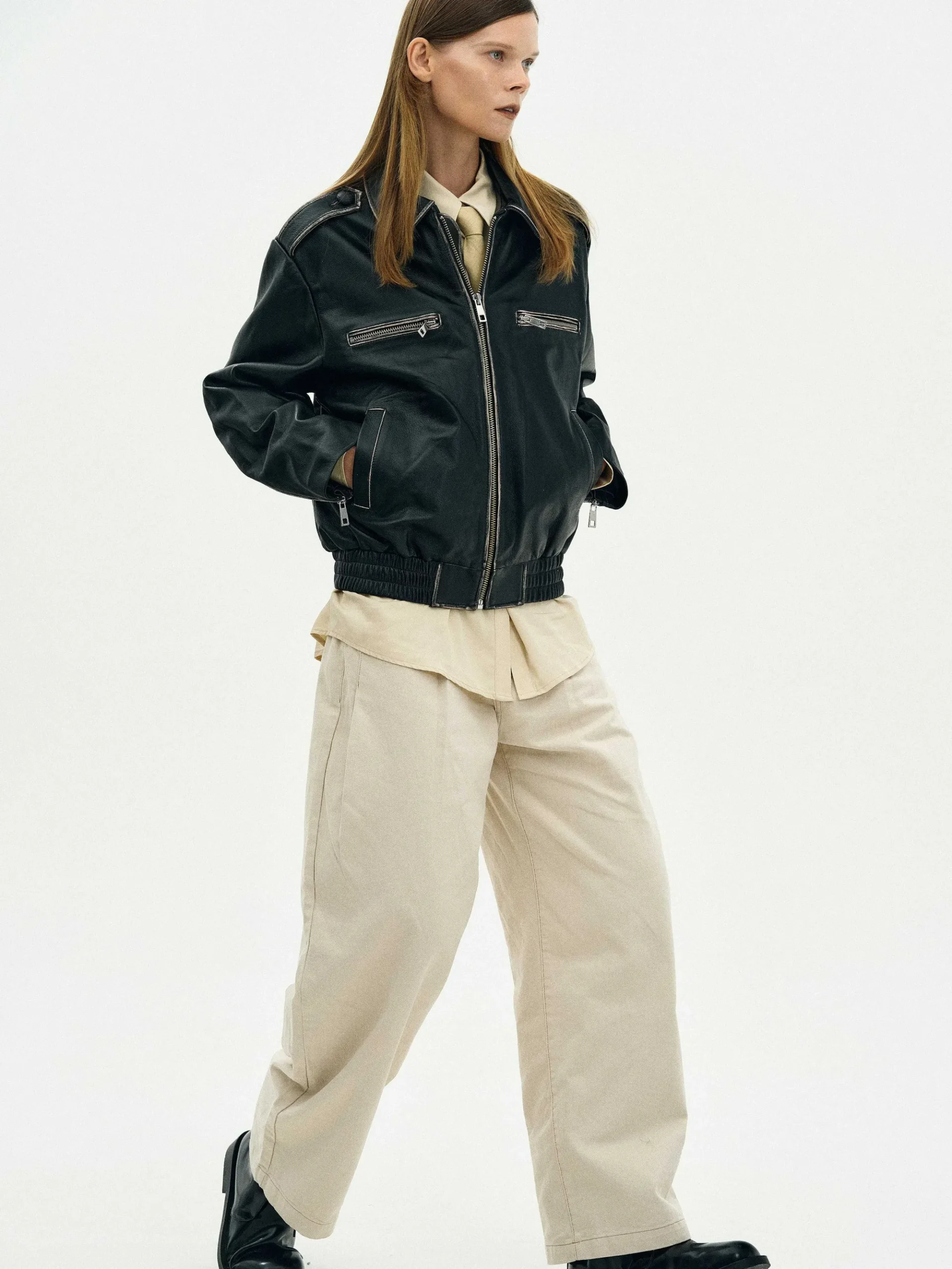 Source Unknown Vêtements-Veste En Cuir Delave, Noir