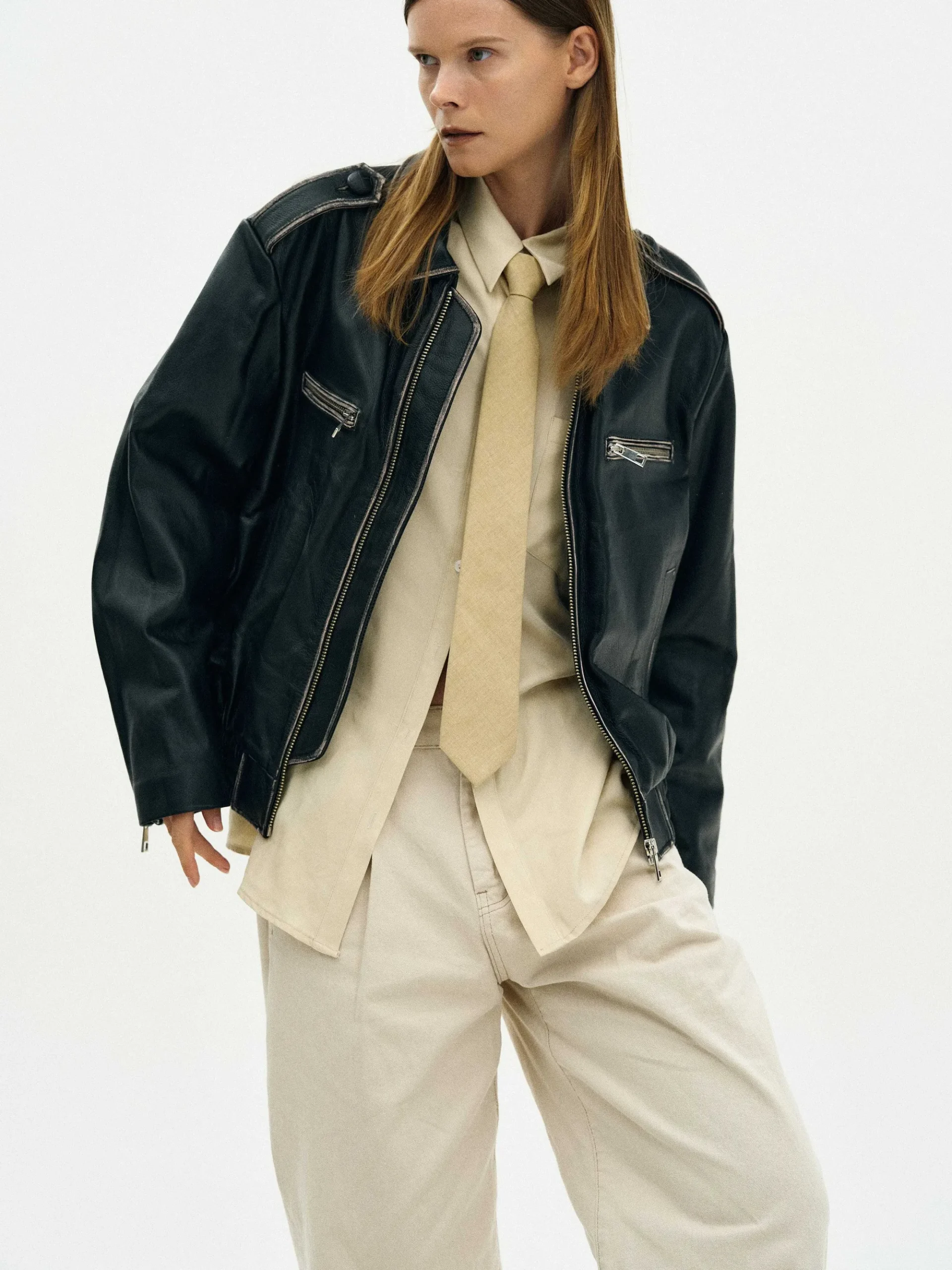 Source Unknown Vêtements-Veste En Cuir Delave, Noir